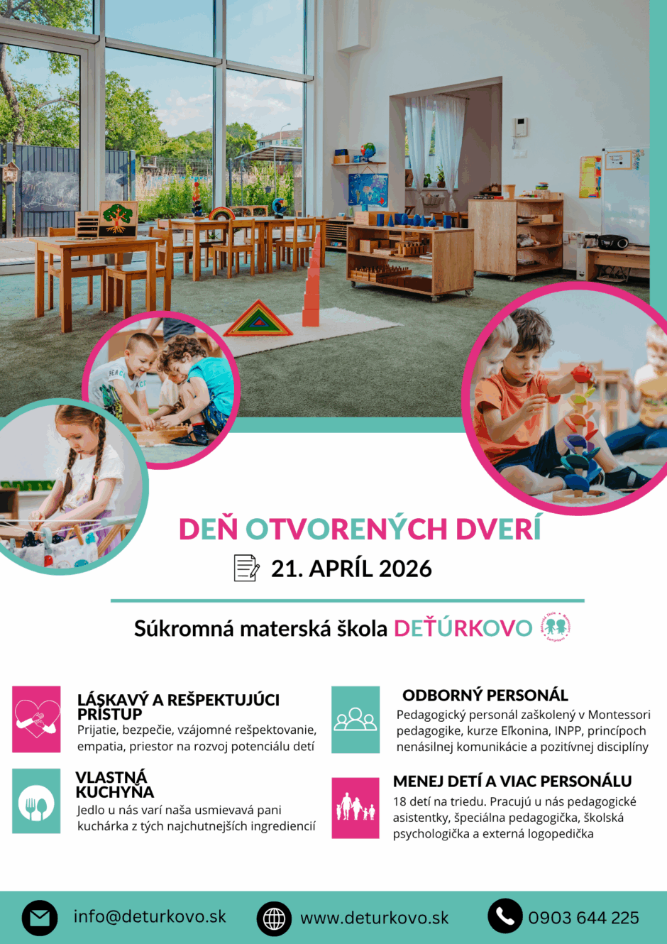 nteriér Montessori materskej školy s deťmi pri hre a pozvánka na deň otvorených dverí 21. apríla 2026 v škôlke Detúrkovo